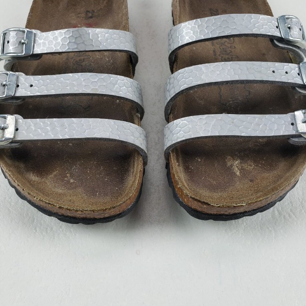 Birkis Birkenstock Metallic Sandals Silver Womens 4-4.5 35 Leather Strappy Slide - Picture 4 of 11